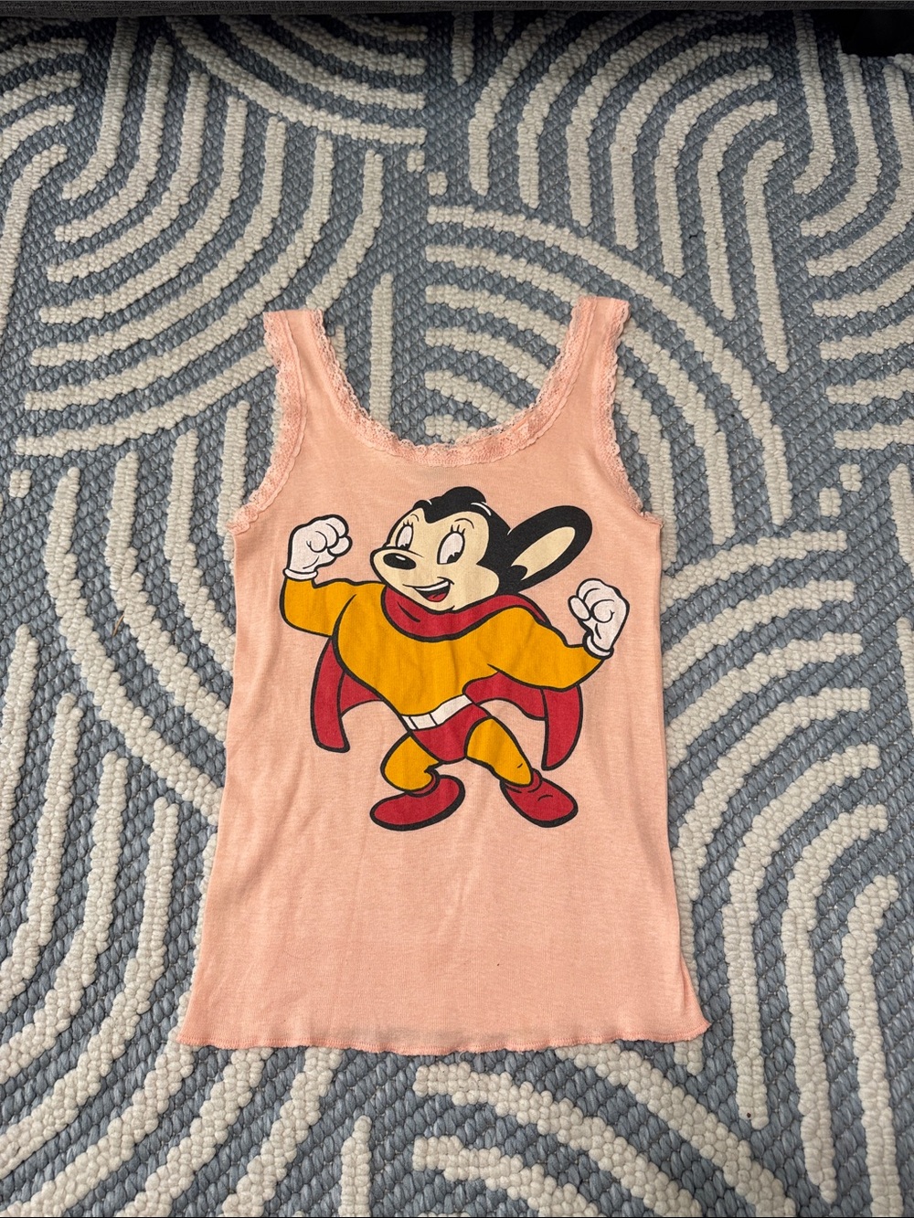 Vintage 70s 80s Sportique Mighty Mouse Lace Trim Tank USA